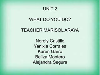 UNIT 2
WHAT DO YOU DO?
TEACHER MARISOL ARAYA
Norely Castillo
Yanixia Corrales
Karen Garro
Beliza Montero
Alejandra Segura
 