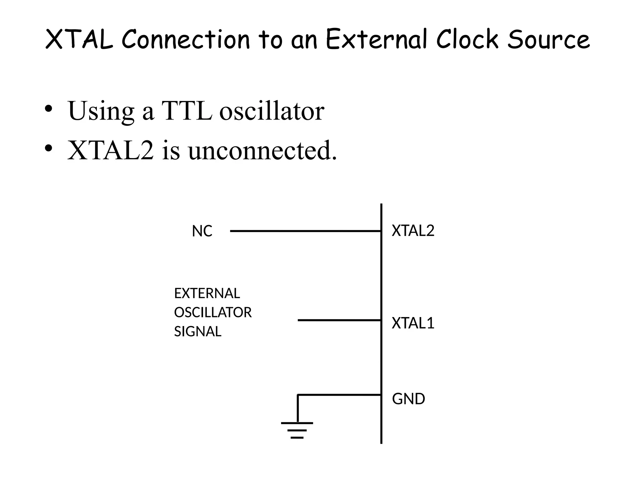 XTAL Connection to an External Clock Source
• Using a TTL oscillator
• XTAL2 is unconnected.
NC
EXTERNAL
OSCILLATOR
SIGNAL
XTAL2
XTAL1
GND
 