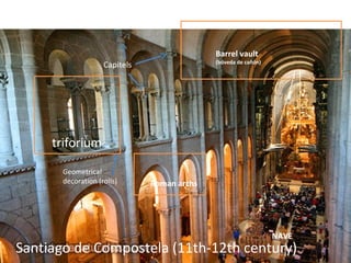 Santiago de Compostela (11th-12th century)
triforium
Barrel vault
(bóveda de cañón)
Roman archs
Geometrical
decoration (rolls)
Capitels
NAVE
 