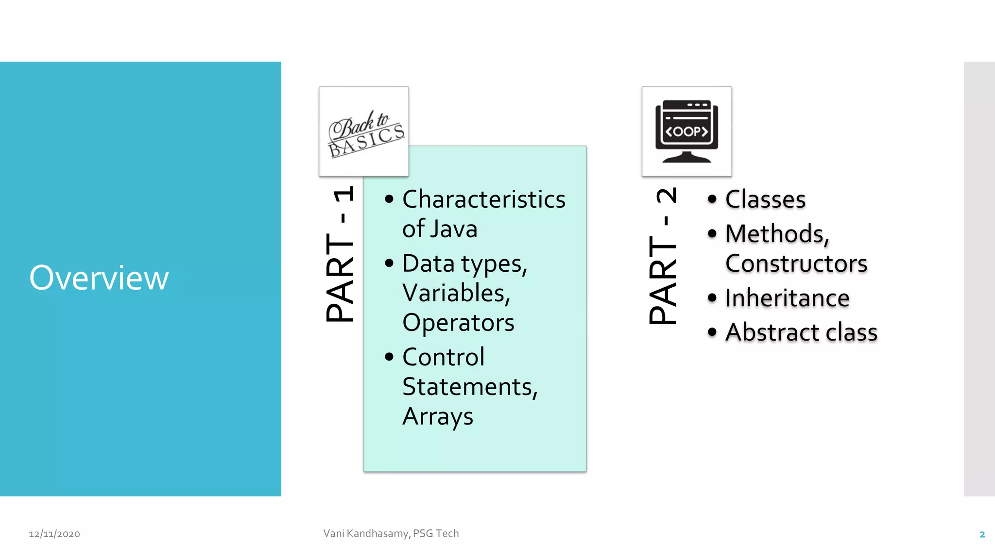 Overview
PART
-
1
• Characteristics
of Java
• Data types,
Variables,
Operators
• Control
Statements,
Arrays
PART
-
2
• Classes
• Methods,
Constructors
• Inheritance
• Abstract class
12/11/2020 Vani Kandhasamy,PSG Tech 2
 