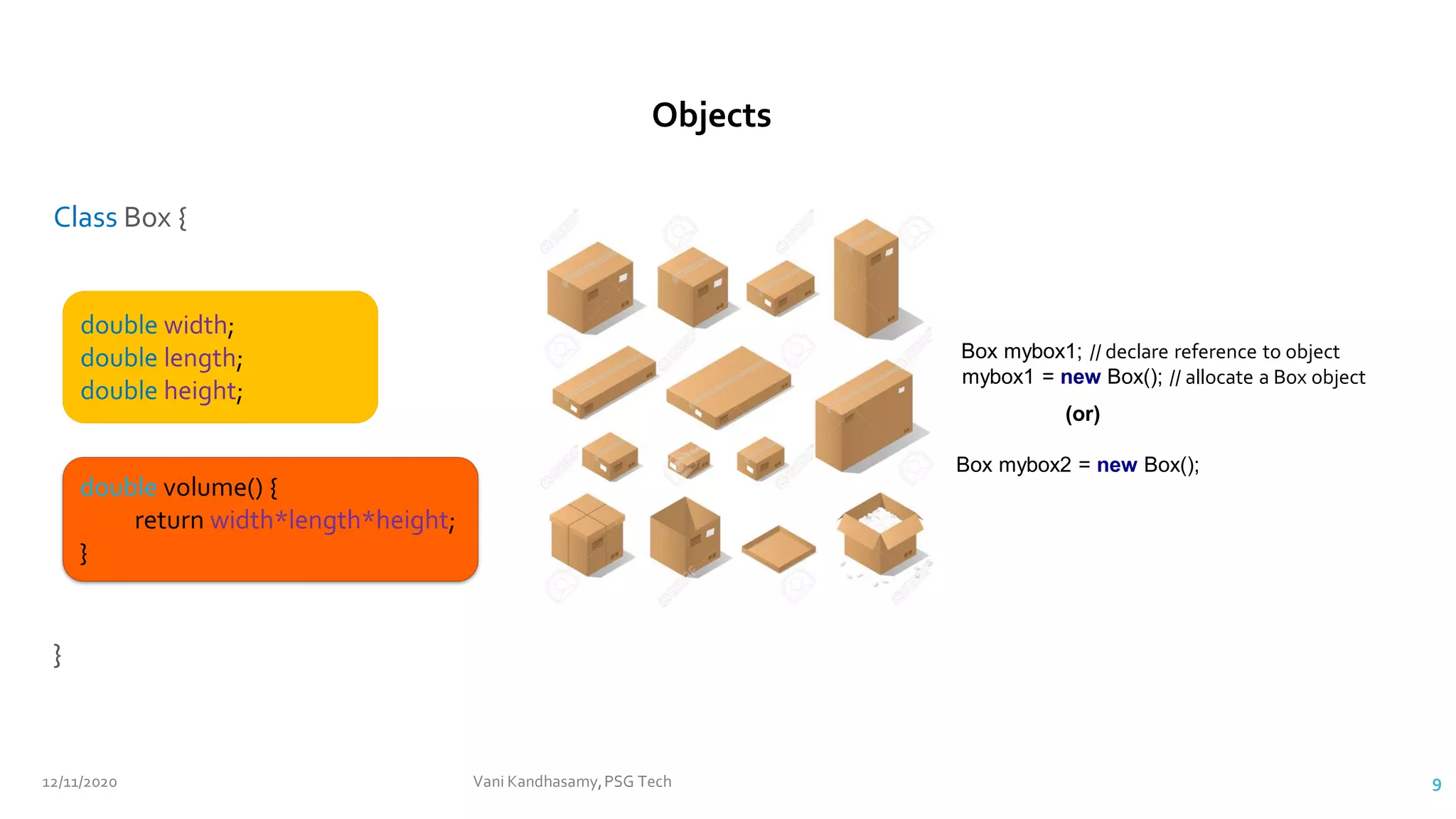 Class Box {
}
Box mybox1; // declare reference to object
mybox1 = new Box(); // allocate a Box object
(or)
Box mybox2 = new Box();
double width;
double length;
double height;
double volume() {
return width*length*height;
}
Objects
12/11/2020 Vani Kandhasamy,PSG Tech 9
 