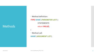 Methods
 Method definition:
TYPE NAME (PARAMETER LIST) {
STATEMENTS
return VALUE;
}
 Method call:
NAME (ARGUMENT LIST);
12/11/2020 Vani Kandhasamy,PSG Tech 3
 