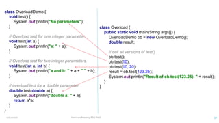 class OverloadDemo {
void test() {
System.out.println("No parameters");
}
// Overload test for one integer parameter.
void test(int a) {
System.out.println("a: " + a);
}
// Overload test for two integer parameters.
void test(int a, int b) {
System.out.println("a and b: " + a + " " + b);
}
// overload test for a double parameter
double test(double a) {
System.out.println("double a: " + a);
return a*a;
}
}
class Overload {
public static void main(String args[]) {
OverloadDemo ob = new OverloadDemo();
double result;
// call all versions of test()
ob.test();
ob.test(10);
ob.test(10, 20);
result = ob.test(123.25);
System.out.println("Result of ob.test(123.25): " + result);
}
}
12/11/2020 Vani Kandhasamy,PSG Tech 32
 