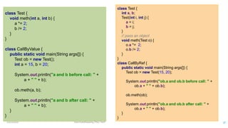 class Test {
void meth(int a, int b) {
a *= 2;
b /= 2;
}
}
class CallByValue {
public static void main(String args[]) {
Test ob = new Test();
int a = 15, b = 20;
System.out.println("a and b before call: " +
a + " " + b);
ob.meth(a, b);
System.out.println("a and b after call: " +
a + " " + b);
}
}
class Test {
int a, b;
Test(int i, int j) {
a = i;
b = j;
}
// pass an object
void meth(Test o) {
o.a *= 2;
o.b /= 2;
}
}
class CallByRef {
public static void main(String args[]) {
Test ob = new Test(15, 20);
System.out.println("ob.a and ob.b before call: " +
ob.a + " " + ob.b);
ob.meth(ob);
System.out.println("ob.a and ob.b after call: " +
ob.a + " " + ob.b);
}
}
12/11/2020 Vani Kandhasamy,PSG Tech 37
 