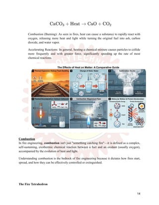 Combustion (Burning): As seen in fires, heat can cause a substance to rapidly react with
oxygen, releasing more heat and light while turning the original fuel into ash, carbon
dioxide, and water vapor.
Accelerating Reactions: In general, heating a chemical mixture causes particles to collide
more frequently and with greater force, significantly speeding up the rate of most
chemical reactions.
Combustion
In fire engineering, combustion isn't just "something catching fire"—it is defined as a complex,
self-sustaining, exothermic chemical reaction between a fuel and an oxidant (usually oxygen),
accompanied by the evolution of heat and light.
Understanding combustion is the bedrock of fire engineering because it dictates how fires start,
spread, and how they can be effectively controlled or extinguished.
The Fire Tetrahedron
14
 