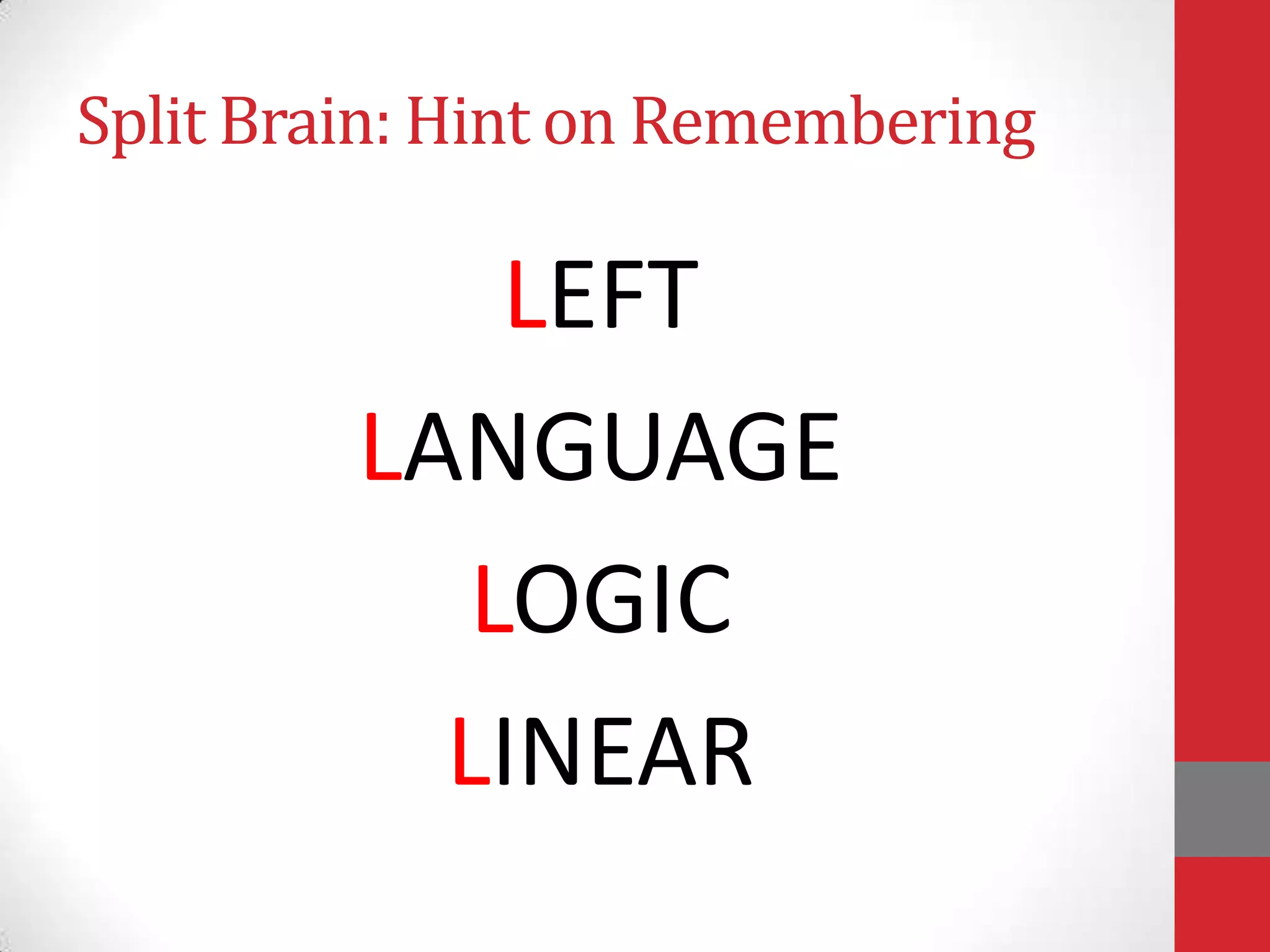 Split Brain: Hint on Remembering

LEFT
LANGUAGE
LOGIC
LINEAR

 