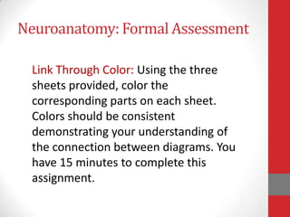 Neuroanatomy: Formal Assessment
Link Through Color: Using the three
sheets provided, color the
corresponding parts on each sheet.
Colors should be consistent
demonstrating your understanding of
the connection between diagrams. You
have 15 minutes to complete this
assignment.

 