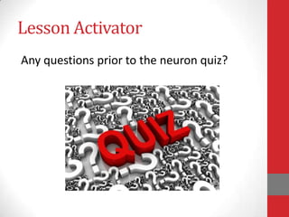 Lesson Activator
Any questions prior to the neuron quiz?

 