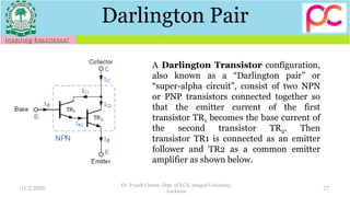 Darlington Pair
11/2/2020
Dr. Piyush Charan, Dept. of ECE, Integral University,
Lucknow
27
A Darlington Transistor configuration,
also known as a “Darlington pair” or
“super-alpha circuit”, consist of two NPN
or PNP transistors connected together so
that the emitter current of the first
transistor TR1 becomes the base current of
the second transistor TR2. Then
transistor TR1 is connected as an emitter
follower and TR2 as a common emitter
amplifier as shown below.
 