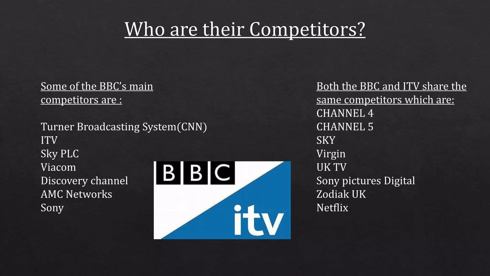 Some of the BBC’s main
competitors are :
Turner Broadcasting System(CNN)
ITV
Sky PLC
Viacom
Discovery channel
AMC Networks
Sony
Both the BBC and ITV share the
same competitors which are:
CHANNEL 4
CHANNEL 5
SKY
Virgin
UK TV
Sony pictures Digital
Zodiak UK
Netflix
 