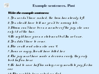 Example sentences. Past
 
Writetheexamplesentences:
1 . Yo u ne e dn’t have rushe d, the train has alre ady le ft.
2. Yo u sho uld have to ld m e yo u’d be arriving late .
3. Miriam can’t have be e n a m e m be r o f the jury, she was
o nly 1 5 at the tim e .
4. He m ig ht have g ive n a state m e nt but I’m no t sure .
5. Yo u didn’t have to co m e .
6 . She co uld re ad whe n she was 4.
7 . Iwas so ang ry Ico uld have kille d he r.
8 . The jury m ust have m ade a de cisio n e asily, the y o nly
to o k half an ho ur.
9 . He had to save half his salary e ve ry m o nth to pay fo r his
car.
 
