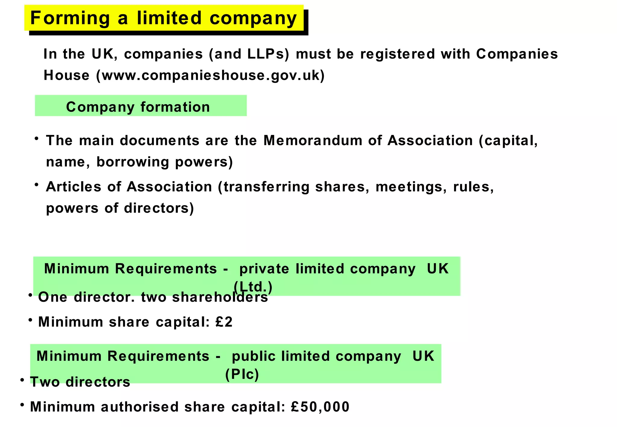 Minimum Requirements - private limited company UK
(Ltd.)
• One director. two shareholders
• Minimum share capital: £2
Minimum Requirements - public limited company UK
(Plc)• Two directors
• Minimum authorised share capital: £50,000
Forming a limited companyForming a limited company
Company formation
• The main documents are the Memorandum of Association (capital,
name, borrowing powers)
• Articles of Association (transferring shares, meetings, rules,
powers of directors)
In the UK, companies (and LLPs) must be registered with Companies
House (www.companieshouse.gov.uk)
 