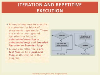  A loop allows one to execute
a statement or block of
statements repeatedly. There
are mainly two types of
iterations or loops –
unbounded iteration or
unbounded loop and bounded
iteration or bounded loop.
 A loop can either be a pre-
test loop or be a post-test
loop as illustrated in the
diagram.
ITERATION AND REPETITIVE
EXECUTION
© Oxford University Press 2013. All rights reserved.
 