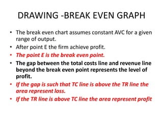 DRAWING -BREAK EVEN GRAPH
• The break even chart assumes constant AVC for a given
  range of output.
• After point E the firm achieve profit.
• The point E is the break even point.
• The gap between the total costs line and revenue line
  beyond the break even point represents the level of
  profit.
• If the gap is such that TC line is above the TR line the
  area represent loss.
• If the TR line is above TC line the area represent profit
 