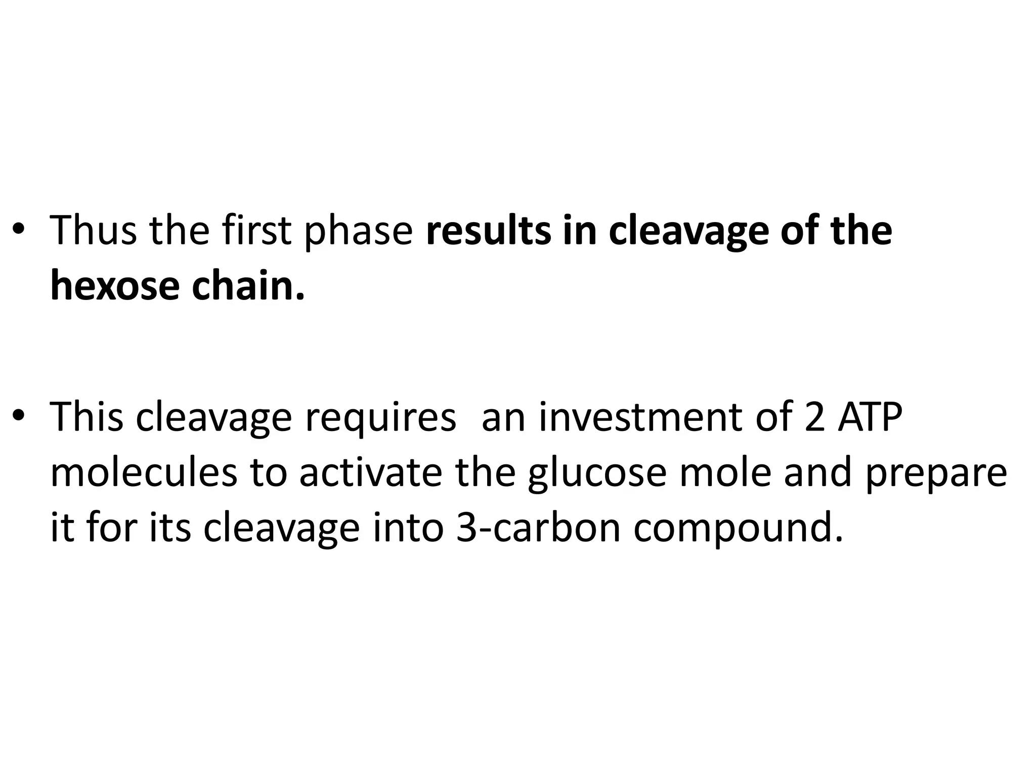 • Thus the first phase results in cleavage of the
hexose chain.
• This cleavage requires an investment of 2 ATP
molecules to activate the glucose mole and prepare
it for its cleavage into 3-carbon compound.
 