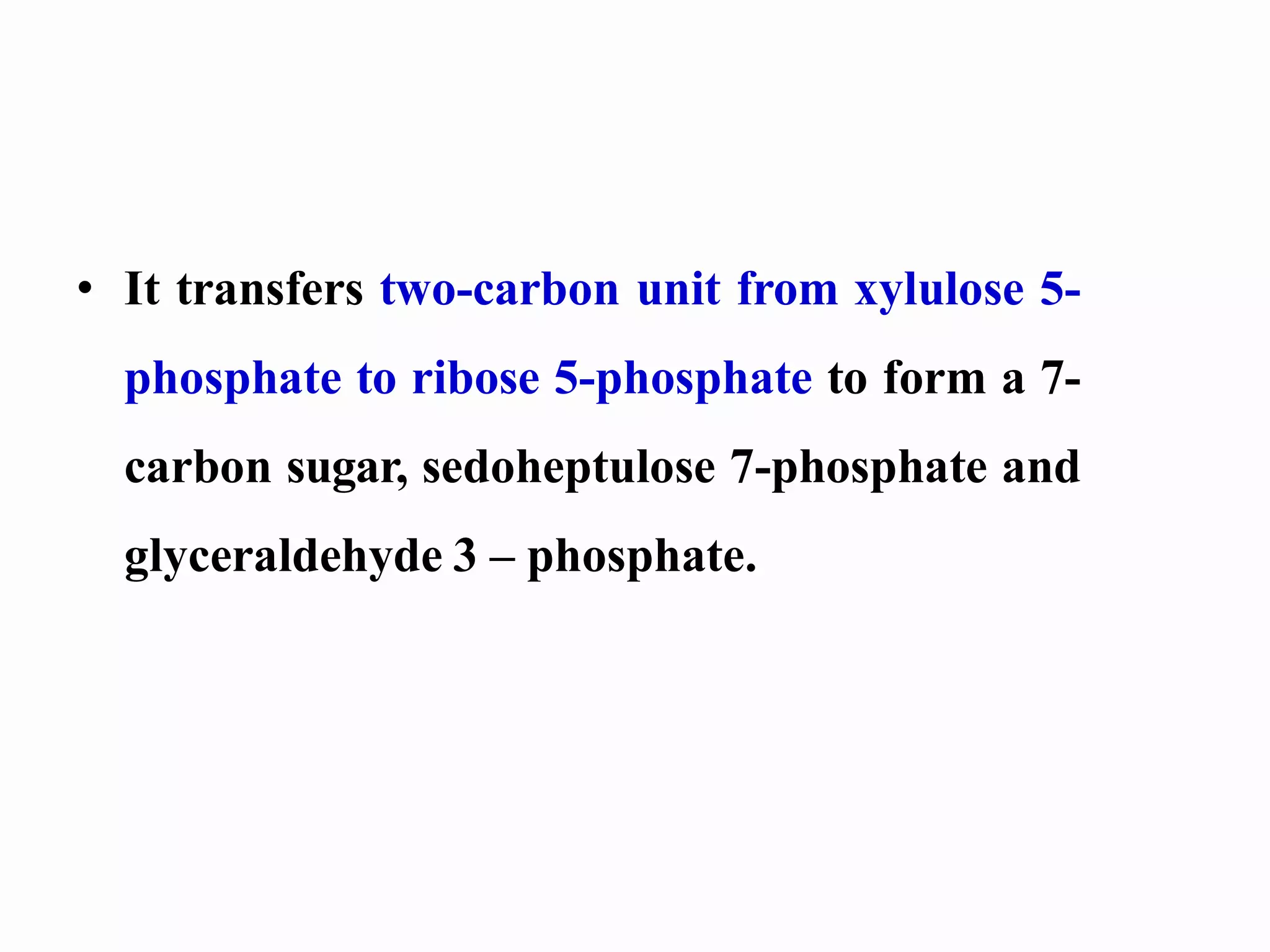 • It transfers two-carbon unit from xylulose 5-
phosphate to ribose 5-phosphate to form a 7-
carbon sugar, sedoheptulose 7-phosphate and
glyceraldehyde 3 – phosphate.
 