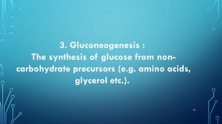 10
3. Gluconeogenesis :
The synthesis of glucose from non-
carbohydrate precursors (e.g. amino acids,
glycerol etc.).
 