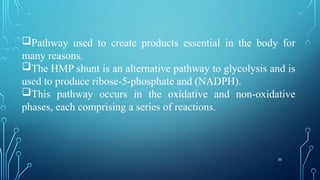 20
Pathway used to create products essential in the body for
many reasons.
The HMP shunt is an alternative pathway to glycolysis and is
used to produce ribose-5-phosphate and (NADPH).
This pathway occurs in the oxidative and non-oxidative
phases, each comprising a series of reactions.
 