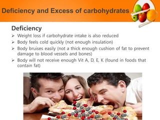 Deficiency and Excess of carbohydrates
Deficiency
 Weight loss if carbohydrate intake is also reduced
 Body feels cold quickly (not enough insulation)
 Body bruises easily (not a thick enough cushion of fat to prevent
damage to blood vessels and bones)
 Body will not receive enough Vit A, D, E, K (found in foods that
contain fat)
 