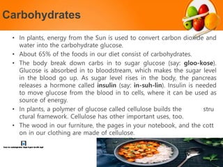 Carbohydrates
• In plants, energy from the Sun is used to convert carbon dioxide and
water into the carbohydrate glucose.
• About 65% of the foods in our diet consist of carbohydrates.
• The body break down carbs in to sugar glucose (say: gloo-kose).
Glucose is absorbed in to bloodstream, which makes the sugar level
in the blood go up. As sugar level rises in the body, the pancreas
releases a hormone called insulin (say: in-suh-lin). Insulin is needed
to move glucose from the blood in to cells, where it can be used as
source of energy.
• In plants, a polymer of glucose called cellulose builds the stru
ctural framework. Cellulose has other important uses, too.
• The wood in our furniture, the pages in your notebook, and the cott
on in our clothing are made of cellulose.
 