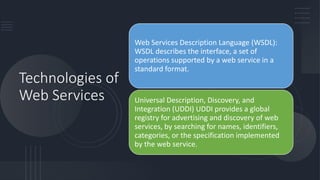 Technologies of
Web Services
Web Services Description Language (WSDL):
WSDL describes the interface, a set of
operations supported by a web service in a
standard format.
Universal Description, Discovery, and
Integration (UDDI) UDDI provides a global
registry for advertising and discovery of web
services, by searching for names, identifiers,
categories, or the specification implemented
by the web service.
 