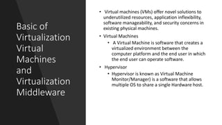 Basic of
Virtualization
Virtual
Machines
and
Virtualization
Middleware
• Virtual machines (VMs) offer novel solutions to
underutilized resources, application inflexibility,
software manageability, and security concerns in
existing physical machines.
• Virtual Machines
• A Virtual Machine is software that creates a
virtualized environment between the
computer platform and the end user in which
the end user can operate software.
• Hypervisor
• Hypervisor is known as Virtual Machine
Monitor/Manager) is a software that allows
multiple OS to share a single Hardware host.
 