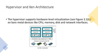 Hypervisor and Xen Architecture
• The hypervisor supports hardware-level virtualization (see Figure 3.1(b))
on bare metal devices like CPU, memory, disk and network interfaces.
 