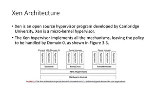 Xen Architecture
• Xen is an open source hypervisor program developed by Cambridge
University. Xen is a micro-kernel hypervisor.
• The Xen hypervisor implements all the mechanisms, leaving the policy
to be handled by Domain 0, as shown in Figure 3.5.
 