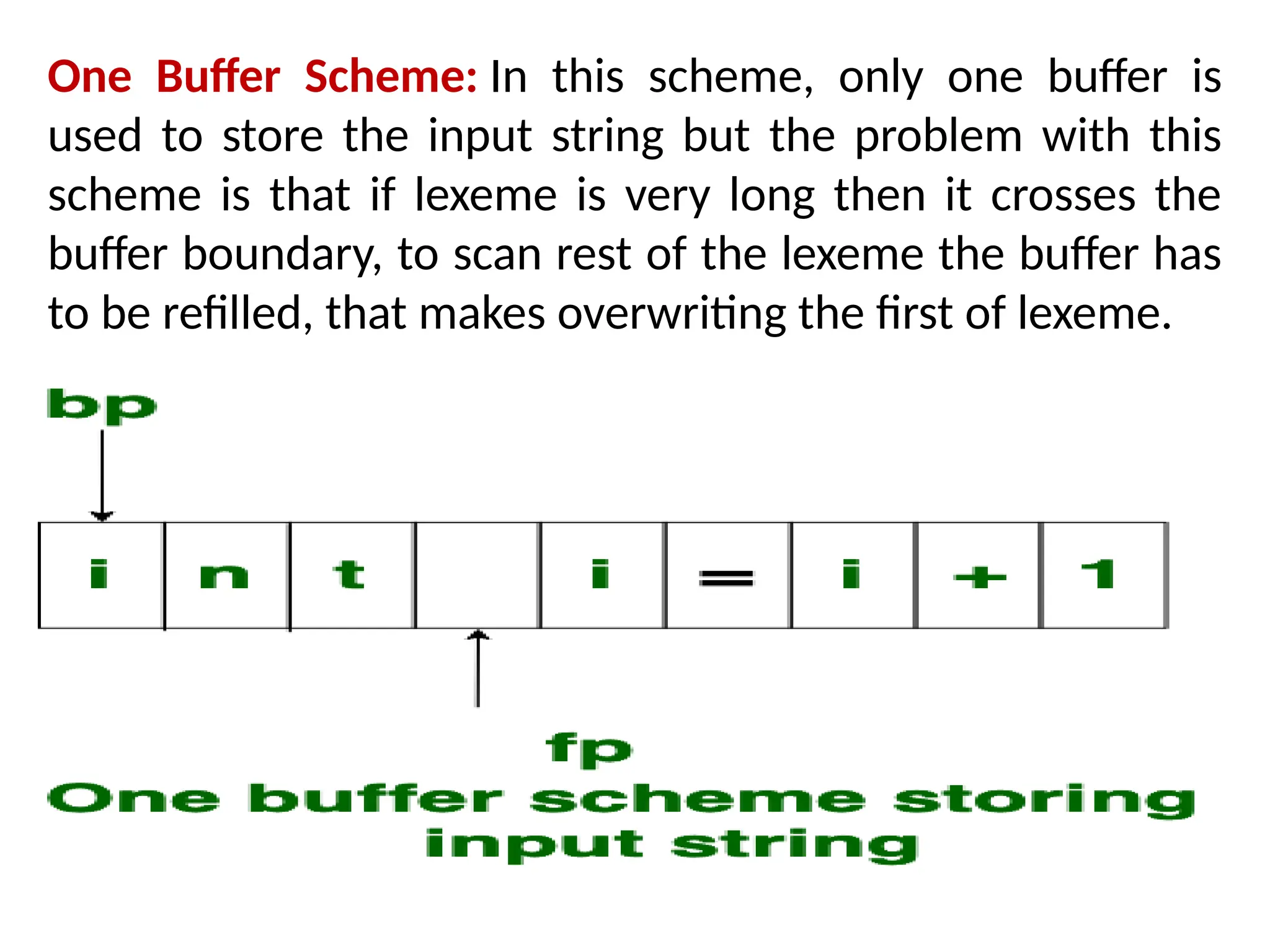 One Buffer Scheme: In this scheme, only one buffer is
used to store the input string but the problem with this
scheme is that if lexeme is very long then it crosses the
buffer boundary, to scan rest of the lexeme the buffer has
to be refilled, that makes overwriting the first of lexeme.
 