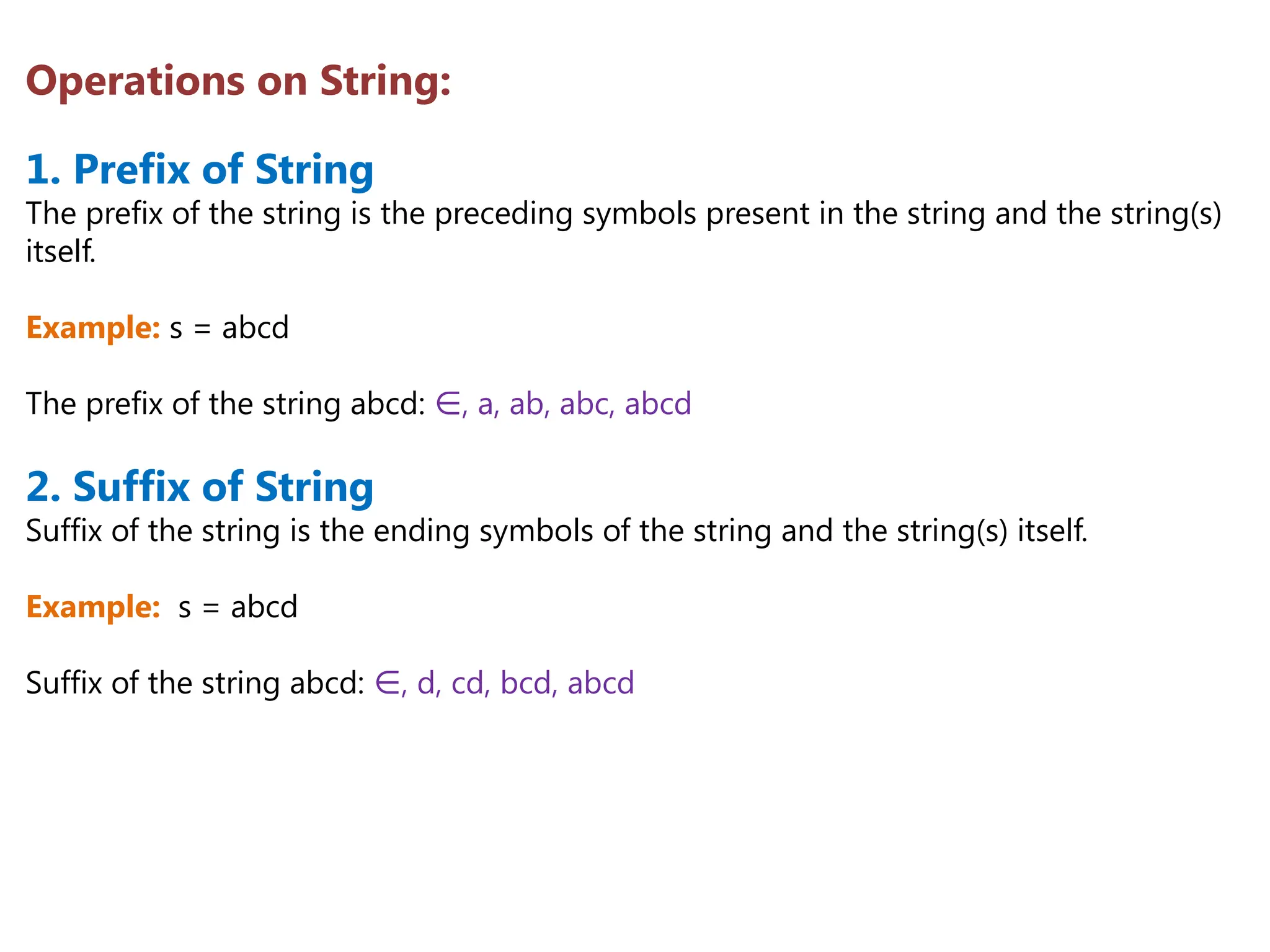 Operations on String:
1. Prefix of String
The prefix of the string is the preceding symbols present in the string and the string(s)
itself.
Example: s = abcd
The prefix of the string abcd: , a, ab, abc, abcd
∈
2. Suffix of String
Suffix of the string is the ending symbols of the string and the string(s) itself.
Example: s = abcd
Suffix of the string abcd: , d, cd, bcd, abcd
∈
 