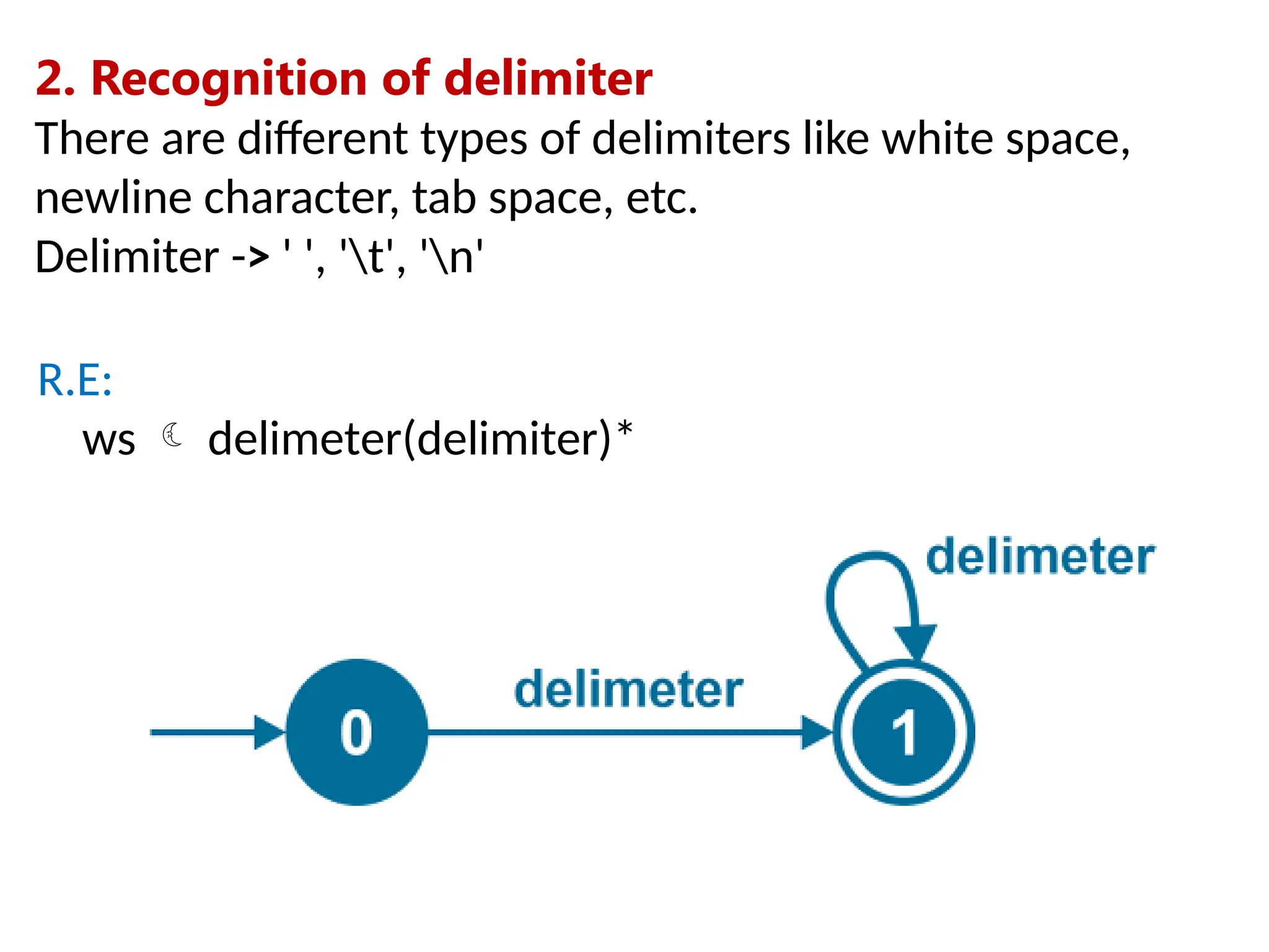2. Recognition of delimiter
There are different types of delimiters like white space,
newline character, tab space, etc.
Delimiter -> ' ', 't', 'n'
R.E:
ws  delimeter(delimiter)*
 