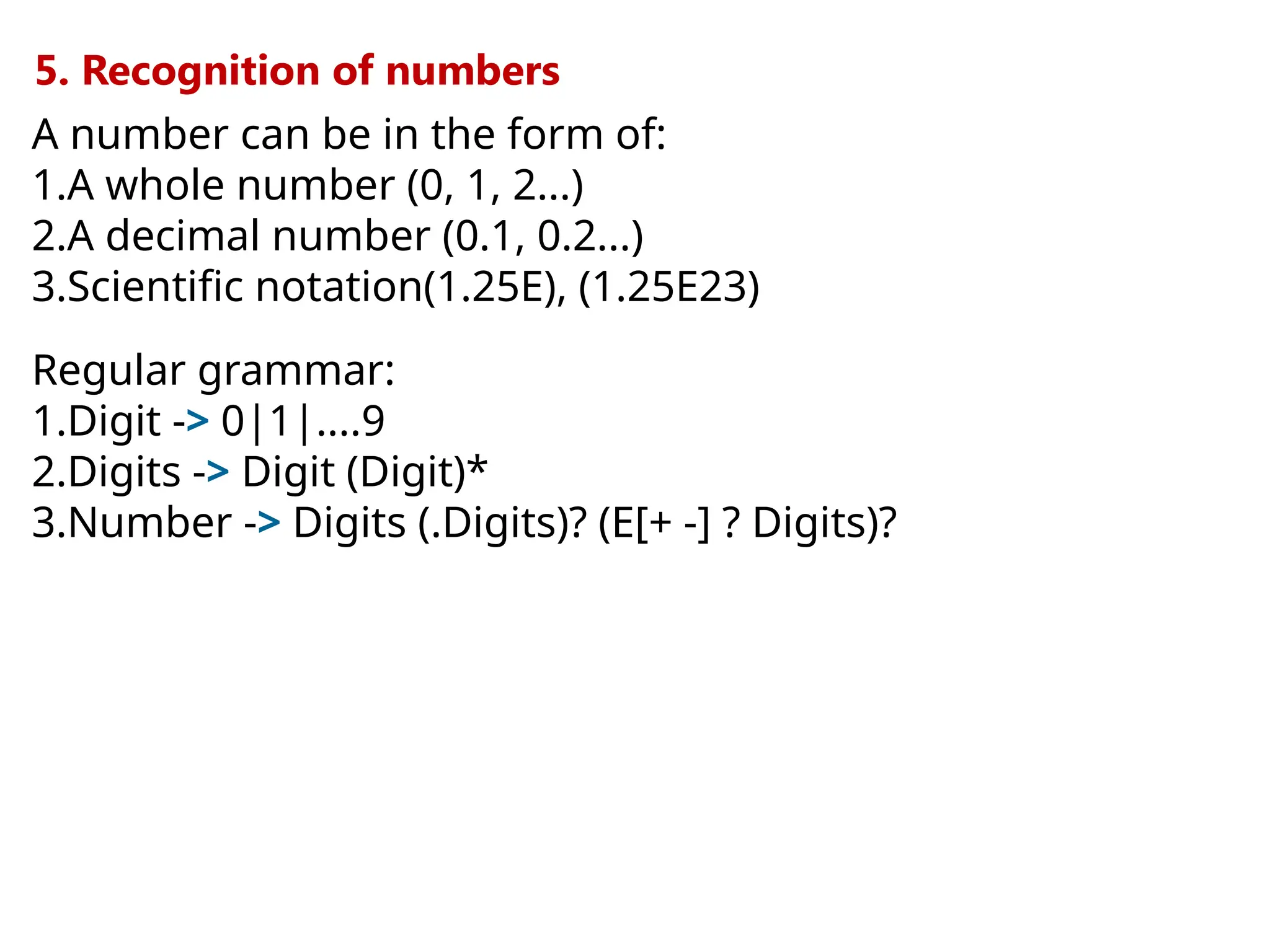 5. Recognition of numbers
A number can be in the form of:
1.A whole number (0, 1, 2...)
2.A decimal number (0.1, 0.2...)
3.Scientific notation(1.25E), (1.25E23)
Regular grammar:
1.Digit -> 0|1|....9
2.Digits -> Digit (Digit)*
3.Number -> Digits (.Digits)? (E[+ -] ? Digits)?
 