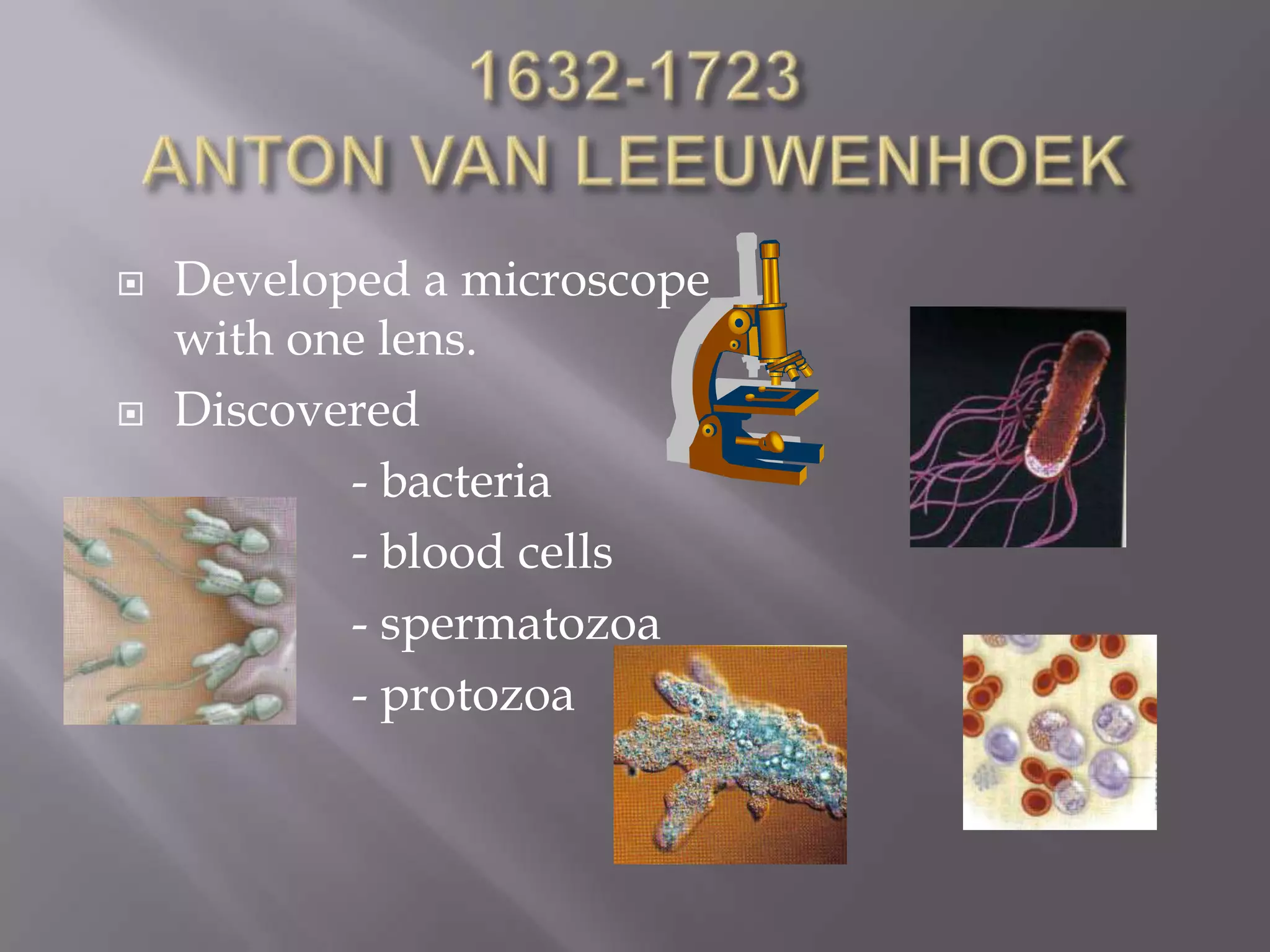    Developed a microscope
    with one lens.
   Discovered
           - bacteria
           - blood cells
           - spermatozoa
           - protozoa
 