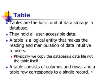 Table
 Tables are the basic unit of data storage in
database.
 They hold all user-accessible data.
 A table is a logical entity that makes the
reading and manipulation of data intuitive
to users.
 Physically we copy the database’s data file not
the table itself
 A table consists of columns and rows, and a
table row corresponds to a single record. 10
 
