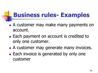 Business rules- Examples
 A customer may make many payments on
account.
 Each payment on account is credited to
only one customer.
 A customer may generate many invoices.
 Each invoice is generated by only one
customer
24
 