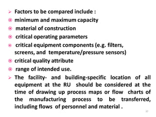  Factors to be compared include :
 minimum and maximum capacity
 material of construction
 critical operating parameters
 critical equipment components (e.g. filters,
screens, and temperature/pressure sensors)
 critical quality attribute
 range of intended use.
 The facility- and building-specific location of all
equipment at the RU should be considered at the
time of drawing up process maps or flow charts of
the manufacturing process to be transferred,
including flows of personnel and material .
37
 