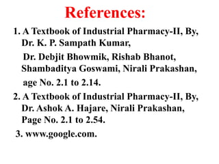 References:
1. A Textbook of Industrial Pharmacy-II, By,
Dr. K. P. Sampath Kumar,
Dr. Debjit Bhowmik, Rishab Bhanot,
Shambaditya Goswami, Nirali Prakashan,
age No. 2.1 to 2.14.
2. A Textbook of Industrial Pharmacy-II, By,
Dr. Ashok A. Hajare, Nirali Prakashan,
Page No. 2.1 to 2.54.
3. www.google.com.
 