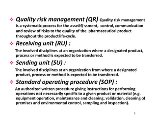  Quality risk management (QR) Quality risk management
is a systematic process for the asseM) ssment, control, communication
and review of risks to the quality of the pharmaceutical product
throughout the productlife-cycle.
 Receiving unit (RU) :
The involved disciplines at an organization where a designated product,
process or method is expected to be transferred.
 Sending unit (SU) :
The involved disciplines at an organization from where a designated
product, process or method is expected to be transferred.
 Standard operating procedure (SOP) :
An authorized written procedure giving instructions for performing
operations not necessarily specific to a given product or material (e.g.
equipment operation, maintenance and cleaning, validation, cleaning of
premises and environmental control, sampling and inspection).
5
 