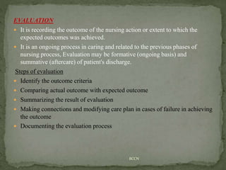 EVALUATION
 It is recording the outcome of the nursing action or extent to which the
expected outcomes was achieved.
 It is an ongoing process in caring and related to the previous phases of
nursing process, Evaluation may be formative (ongoing basis) and
summative (aftercare) of patient's discharge.
Steps of evaluation
 Identify the outcome criteria
 Comparing actual outcome with expected outcome
 Summarizing the result of evaluation
 Making connections and modifying care plan in cases of failure in achieving
the outcome
 Documenting the evaluation process
BCCN
 
