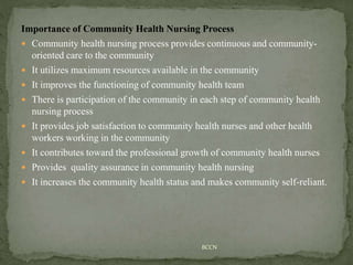 Importance of Community Health Nursing Process
 Community health nursing process provides continuous and community-
oriented care to the community
 It utilizes maximum resources available in the community
 It improves the functioning of community health team
 There is participation of the community in each step of community health
nursing process
 It provides job satisfaction to community health nurses and other health
workers working in the community
 It contributes toward the professional growth of community health nurses
 Provides quality assurance in community health nursing
 It increases the community health status and makes community self-reliant.
BCCN
 
