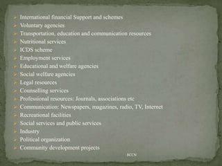  International financial Support and schemes
 Voluntary agencies
 Transportation, education and communication resources
 Nutritional services
 ICDS scheme
 Employment services
 Educational and welfare agencies
 Social welfare agencies
 Legal resources
 Counselling services
 Professional resources: Journals, associations etc
 Communication: Newspapers, magazines, radio, TV, Internet
 Recreational facilities
 Social services and public services
 Industry
 Political organization
 Community development projects
BCCN
 