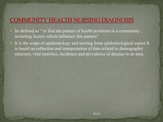  Its defined as “ to find the pattern of health problems in a community ,
including factors which influence this pattern”
 It is the scope of epidemiology and nursing from epidemiological aspect.It
is based on collection and interpretation of data related to demographic
structure, vital statistics, incidence and prevalence of disease in an area.
BCCN
 