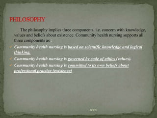 The philosophy implies three components, i.e. concern with knowledge,
values and beliefs about existence. Community health nursing supports all
three components as :
 Community health nursing is based on scientific knowledge and logical
thinking.
 Community health nursing is governed by code of ethics (values).
 Community health nursing is committed to its own beliefs about
professional practice (existence)
BCCN
 