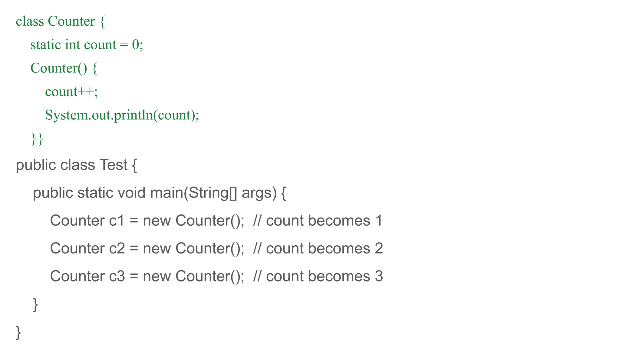 class Counter {
static int count = 0;
Counter() {
count++;
System.out.println(count);
}}
public class Test {
public static void main(String[] args) {
Counter c1 = new Counter(); // count becomes 1
Counter c2 = new Counter(); // count becomes 2
Counter c3 = new Counter(); // count becomes 3
}
}
 