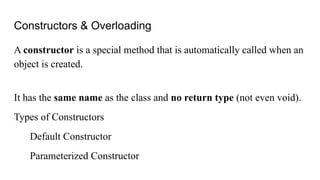 Constructors & Overloading
A constructor is a special method that is automatically called when an
object is created.
It has the same name as the class and no return type (not even void).
Types of Constructors
Default Constructor
Parameterized Constructor
 