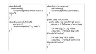 class Animal {
void sound() {
System.out.println("Animal makes a
sound");
}
}
class Dog extends Animal {
void sound() {
System.out.println("Dog barks");
}
}
class Cat extends Animal {
void sound() {
System.out.println("Cat meows");
}
}
public class TestDispatch {
public static void main(String[] args) {
Animal a; // Reference of superclass
a = new Dog(); // Dog object
a.sound(); // Output: Dog barks
(decided at runtime)
a = new Cat(); // Cat object
a.sound(); // Output: Cat meows
(decided at runtime)
}
}
 