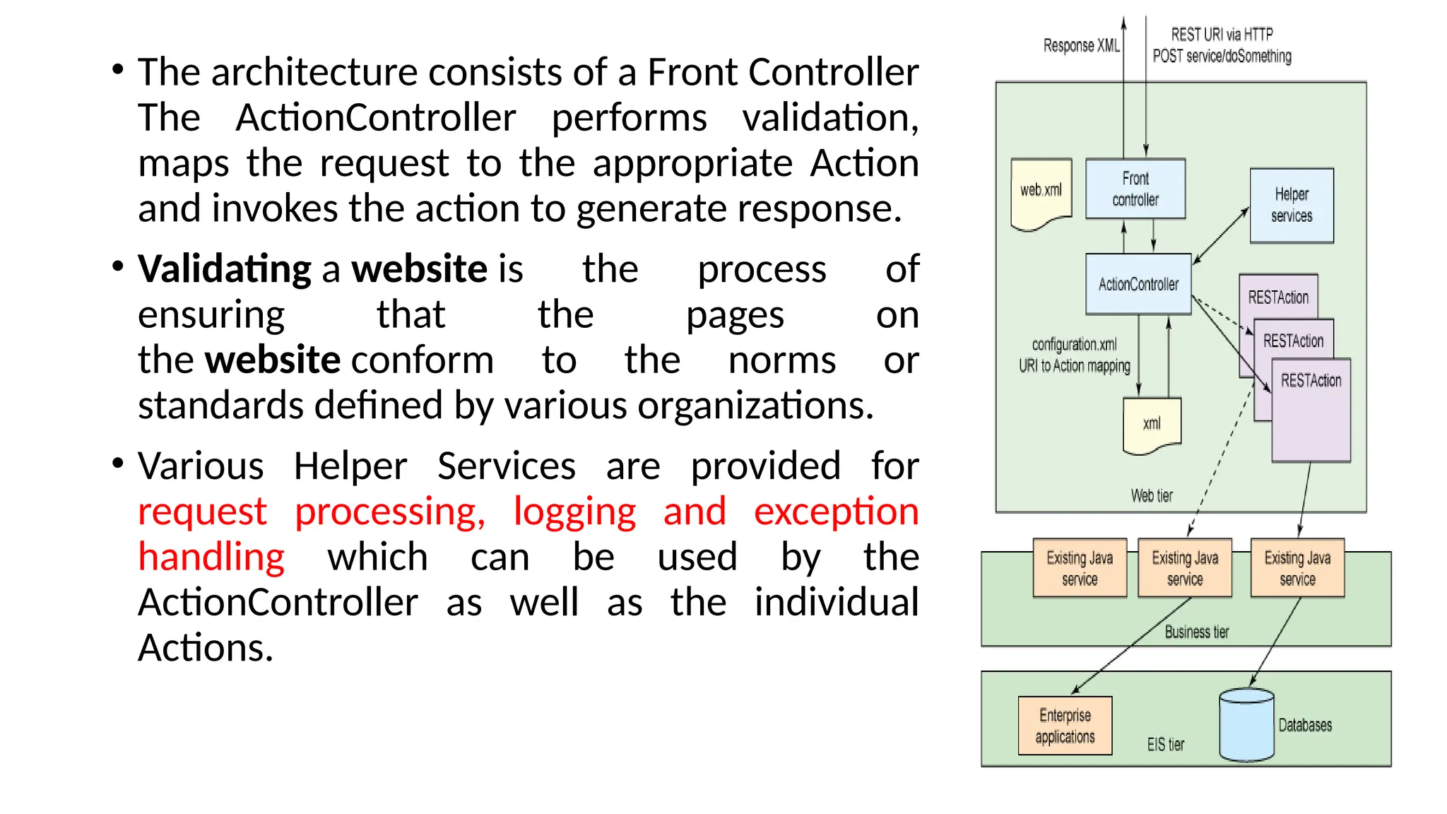 • The architecture consists of a Front Controller
The ActionController performs validation,
maps the request to the appropriate Action
and invokes the action to generate response.
• Validating a website is the process of
ensuring that the pages on
the website conform to the norms or
standards defined by various organizations.
• Various Helper Services are provided for
request processing, logging and exception
handling which can be used by the
ActionController as well as the individual
Actions.
 