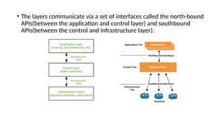 • The layers communicate via a set of interfaces called the north-bound
APIs(between the application and control layer) and southbound
APIs(between the control and infrastructure layer).
 