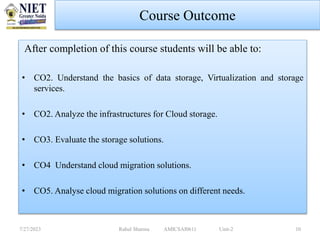After completion of this course students will be able to:
• CO2. Understand the basics of data storage, Virtualization and storage
services.
• CO2. Analyze the infrastructures for Cloud storage.
• CO3. Evaluate the storage solutions.
• CO4 Understand cloud migration solutions.
• CO5. Analyse cloud migration solutions on different needs.
7/27/2023 Rahul Sharma AMICSAI0611 Unit-2 10
Course Outcome
 