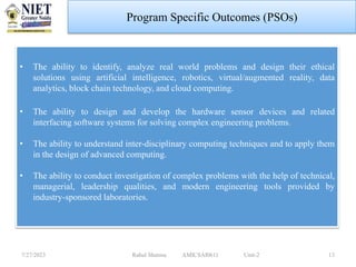 • The ability to identify, analyze real world problems and design their ethical
solutions using artificial intelligence, robotics, virtual/augmented reality, data
analytics, block chain technology, and cloud computing.
• The ability to design and develop the hardware sensor devices and related
interfacing software systems for solving complex engineering problems.
• The ability to understand inter-disciplinary computing techniques and to apply them
in the design of advanced computing.
• The ability to conduct investigation of complex problems with the help of technical,
managerial, leadership qualities, and modern engineering tools provided by
industry-sponsored laboratories.
7/27/2023 Rahul Sharma AMICSAI0611 Unit-2 13
Program Specific Outcomes (PSOs)
 